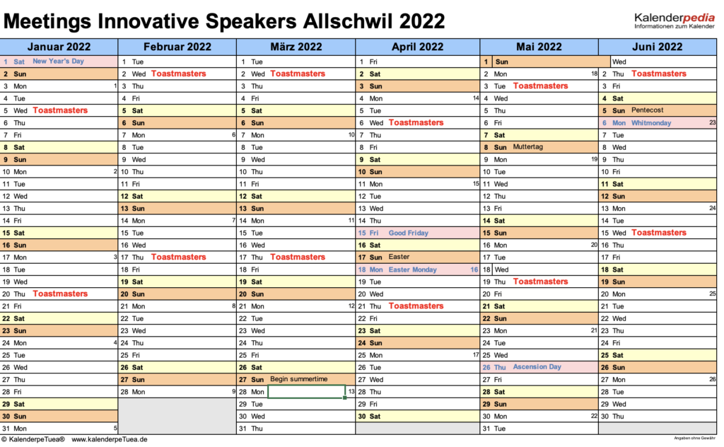 Meeting Calendar Innovative Speakers Allschwil 2022